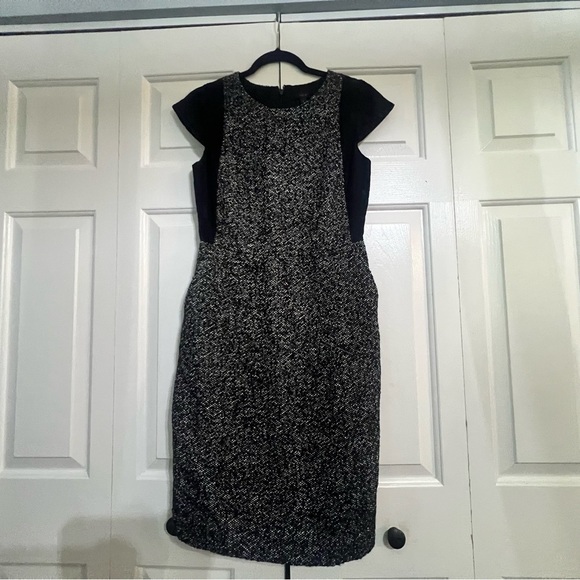 J Crew Black White Tweed Lace Cap Sleeve Contrast Sheath Dress Wool Blend Size 2 - Picture 2 of 10
